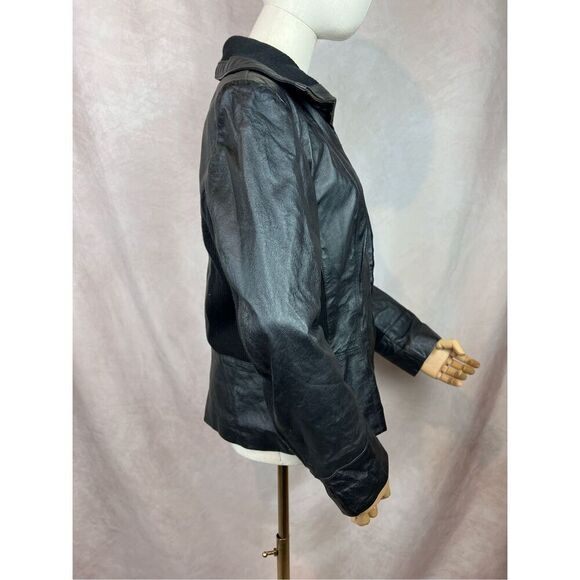 90s Y2K Coldwater Creek Black Leather Bomber Jacket Size Medium - Picture 4 of 6